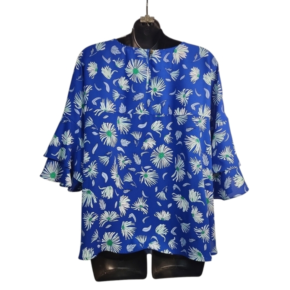Liz Claiborne Top Blouse Women's Blue White Floral Print Flare Sleeve Sz Large - Picture 2 of 6